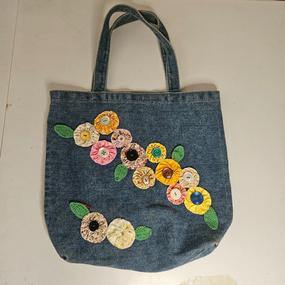 Loew-Cornell Denim Tote Bag Yo-Yo Fabric Flower Button Crochet Leaf Cottagecore